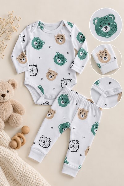 NOTA KİDS Organic 100% Cotton Newborn Baby Long Sleeve Bodysuit and Bottom Set
