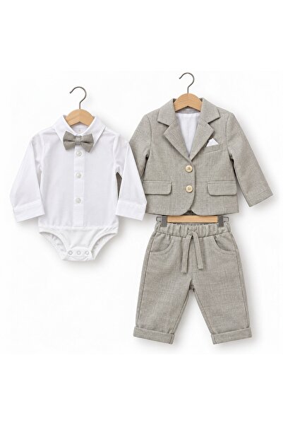 Pure Boutique Costum elegant bebe baieti 3 piese gri cu sacou pantaloni body si papion