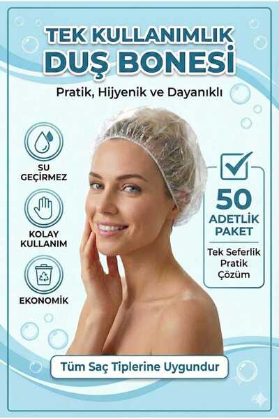 LOVYCO 50 Adet Tek Kullanımlık Şeffaf Duş Bonesi - Lastikli Su Geçirmez Prati...