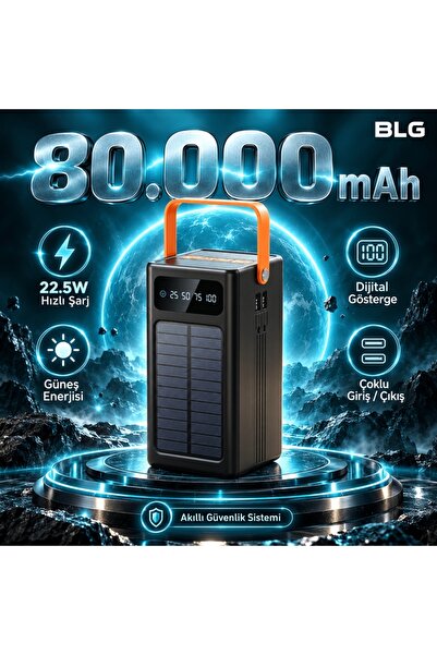 BLG ELEKTROİNK 80.000 Mah Kamp Solar Güner Enerjili Işıklı Çoklu Kablolu 4x U...