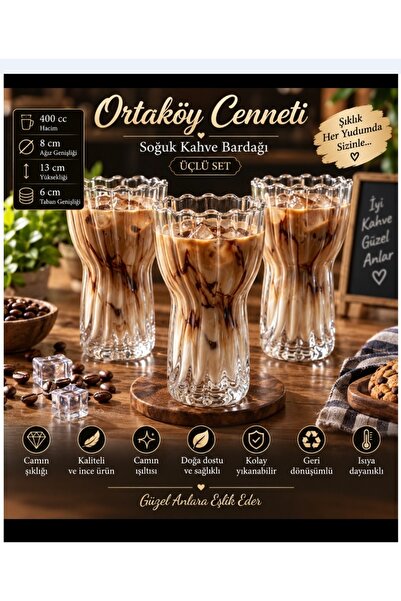 ORTAKÖYCENNETİ Cold Coffee Glass 3-Piece Striped New Concept 400 Cc Volume 13...