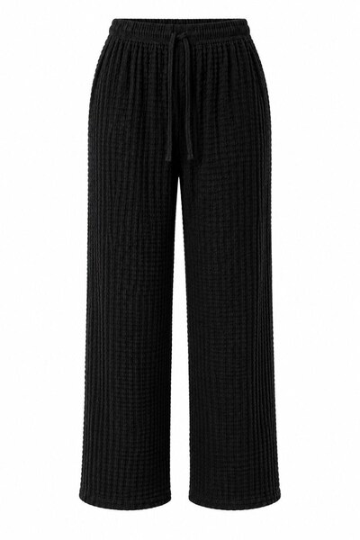 Juuuj Black Wrinkled Textured Elastic Waist Comfortable Cut Polyester Fabric ...