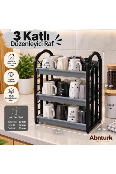 abnturk Tezgah Üstü 3 Katlı Plastik Bardaklık-Mutfakta Banyoda Gri Siyah Çok ...