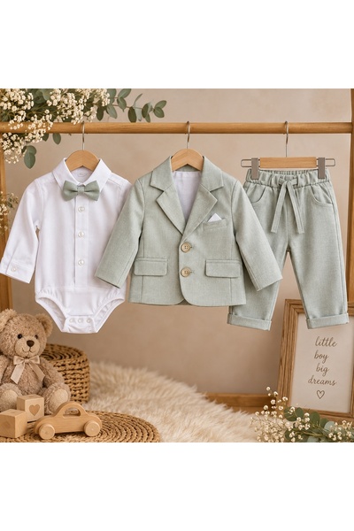 Pure Boutique Costum ceremonie bebe baiat 3 piese verde salvie sacou body si papion