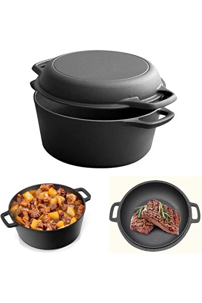 ALMEKAQUZ Lidded Cast Iron Dutch Oven, Pre-Seasoned 2-in-1 Combo Cookware, Du...