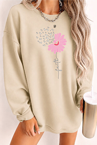 COZALAG Kadın Latitte Baskılı İçi Yünlü Rahat Kalıp Bisiklet Yaka Bej Sweatshirt