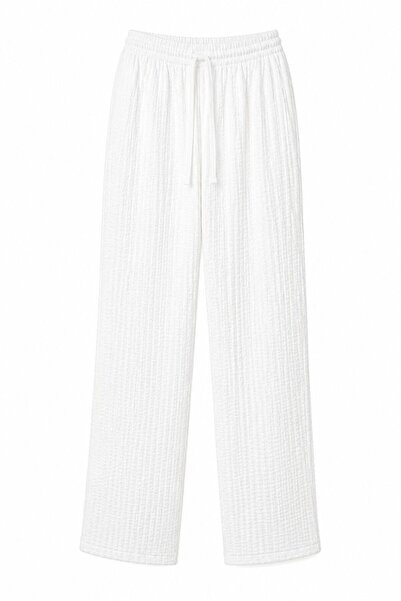 Juuuj White Wrinkled Textured Wide-Legged Pants with Elastic Waist and Comfor...