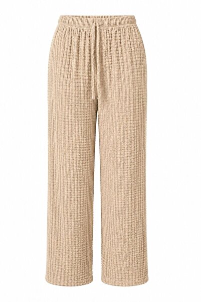 Juuuj Beige Wrinkled Textured Wide-Legged Pants with Elastic Waist and Comfor...