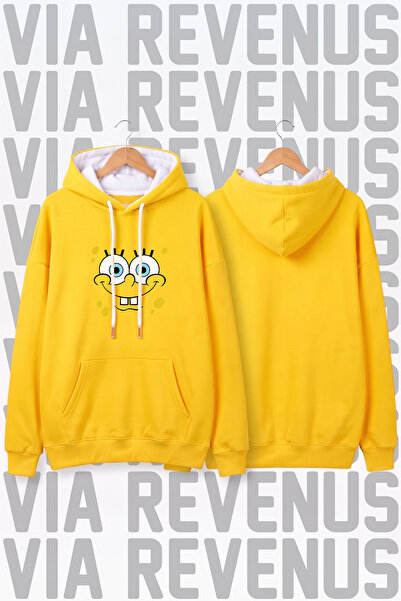 Vordevia Sünger Bob Baskılı Unisex Geniş Kalıp Sarı Hoodie Kapüşonlu Sweatshi...