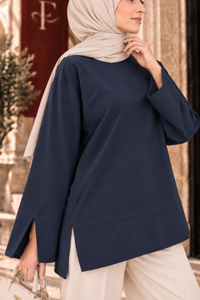 Fioria Women's Navy Blue Modal Fabric Slit Detailed Crew Neck Oversize Hijab Tunic