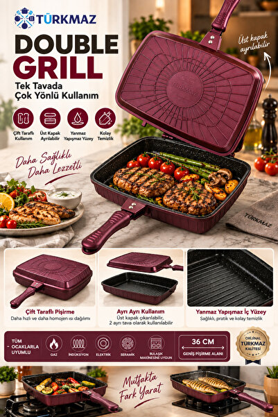 TÜRKMAZ Mürdüm Double Grill - 36 cm Çift Taraflı Ayrılabilir Özel Döküm Izgar...