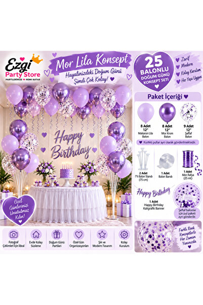 Ezgi Party Store 25 Balonlu Mor Lila Doğum Günü Konsept Seti 2 Adet 7'li Balo...