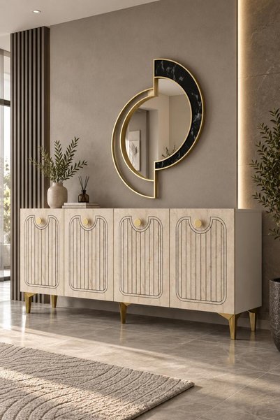 180MHK3BTA HERRA LAZER DESENLİ KONSOL TV SEHPASI BEYAZ-TRAVERTEN-ALTIN
