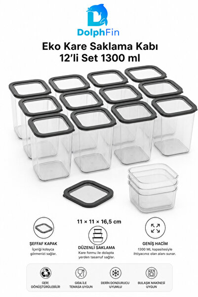 DolphFin Set of 12 Square Storage Containers 1300 ml Food Organizer with Blac...