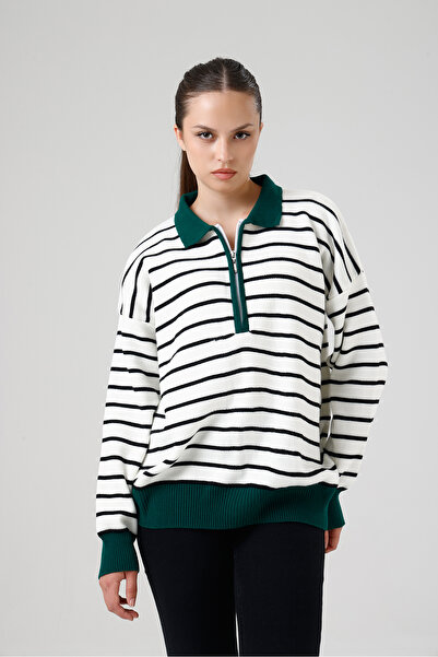 Madame QAN's Zippered Striped Polo Collar Premium Knitwear Sweater