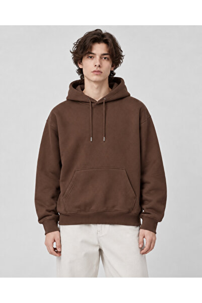 Unisex Oversize Kapüşonlu Sweatshirt Kahverengi Kanguru Cepli 3 İplik İçi Şardonlu Basic Hoodie