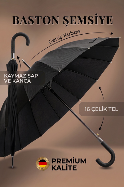 fitfiyat Baston Şemsiye 16 Telli Premium Kalite Geniş Kubbeli Siyah Şemsiye K...