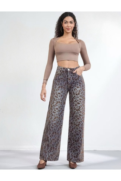 Generic Brand Τζιν με φαρδιά μπατζάκια και ένθετα με animal print
