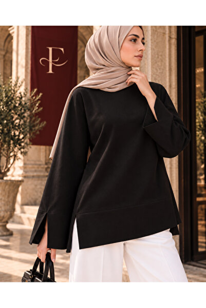 Fioria Women's Black Modal Fabric Slit Detailed Crew Neck Oversize Hijab Tunic