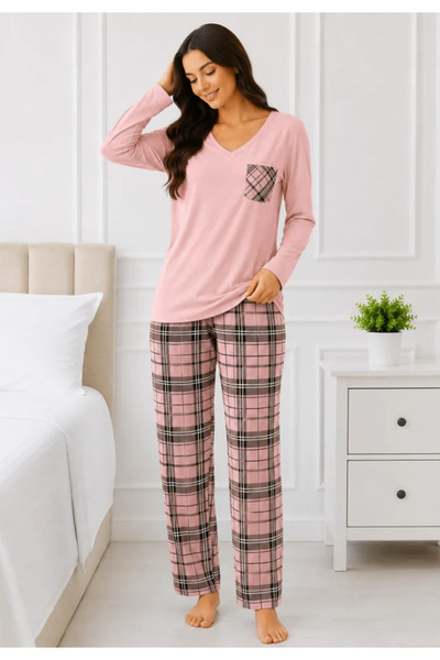 TOSKI Pijama damă cu bluză,mânecă lungă și pantaloni în carouri roz