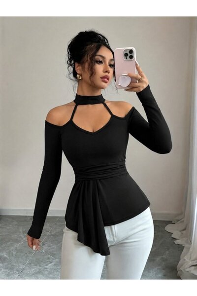 JANES Women's off-the-shoulder mock neck long sleeve v-neck pleated viscose b...