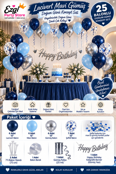 Ezgi Party Store 25 Balonlu Lacivert Mavi Gümüş Doğum Günü Konsept Seti 2 Ade...