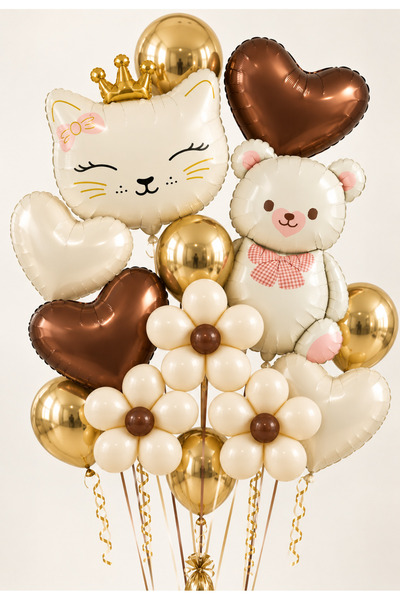 baloss fer Deniz Kumu Kahve Gold Kedi Ayı Deluxe Balon Seti 31 Balon 3 Papaty...