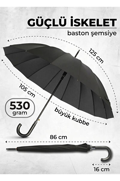 fitfiyat Baston Şemsiye 16 Telli Premium Kalite Geniş Kubbeli Siyah Şemsiye Kaymaz Saplı Rüzgara Dayanıklı Klasik Şemsiye