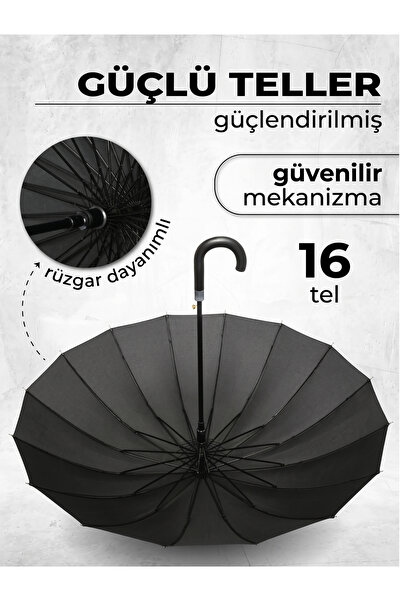 fitfiyat Baston Şemsiye 16 Telli Premium Kalite Geniş Kubbeli Siyah Şemsiye Kaymaz Saplı Rüzgara Dayanıklı Klasik Şemsiye