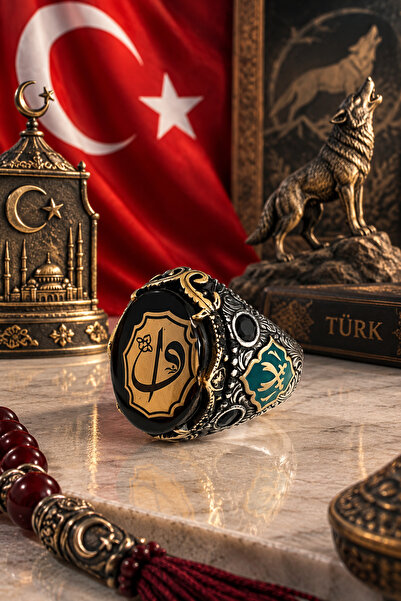 Siset Gümüş 925 Ayar Kehribar Taşlı Elif Vav Erkek Gümüş Yüzük