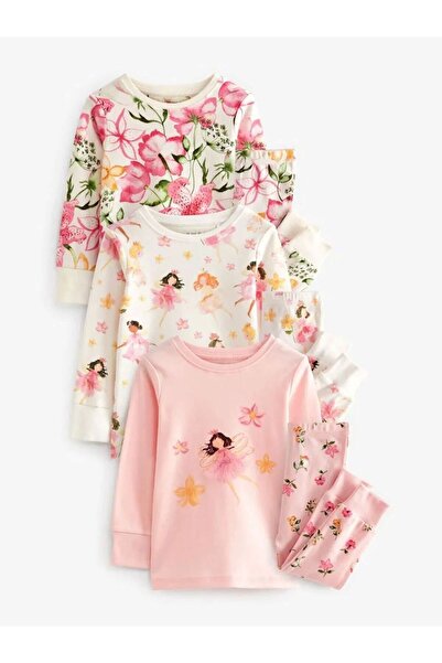 Next Baby Cotton Pink Fairy-Print Long-Sleeve 3-Piece Pyjama Set