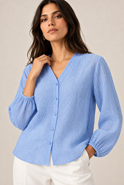 Nuevo Women's Baby Blue V-Neck Buttoned Long Sleeve Textured Blouse Shirt New...