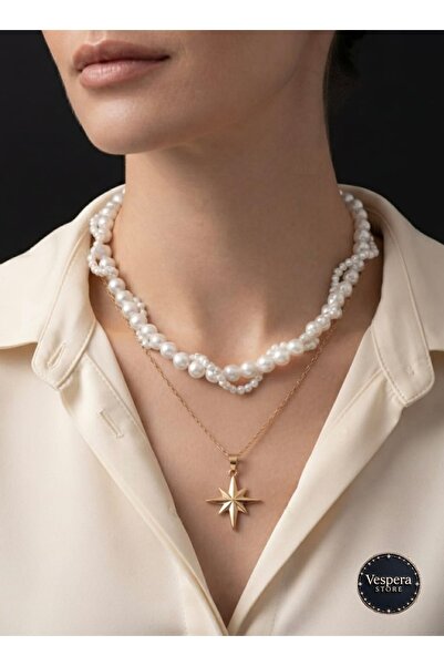 VESPERASTOREE Elegant Pearl Detailed North Star 2-Layer Stylish Necklace Wome...
