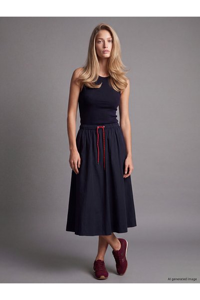LC Waikiki Alita City Lcw Vision Navy Blue Poplin Plain Midi Women's Skirt wi...