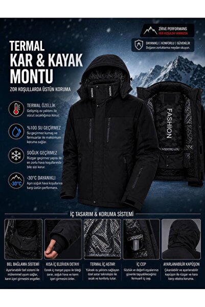 MODAZENGEL Erkek Siyah Termal Su Geçirmez Kayak Montu
