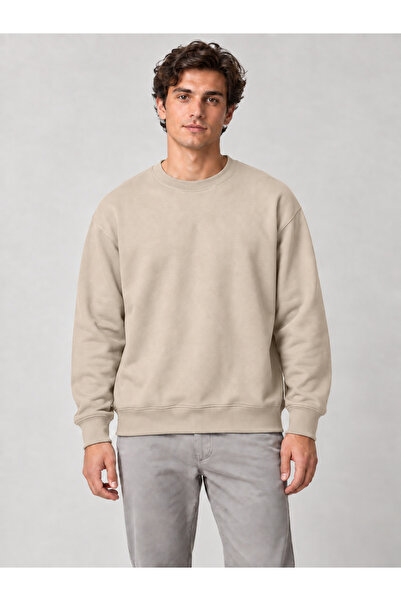 Unisex Oversize Bisiklet Yaka Ribanalı Sweatshirt Bej 3 İplik İçi Şardonlu Basic