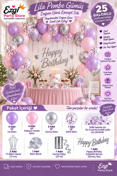 Ezgi Party Store 25 Balonlu Lila Makaron Pembe Gümüş Doğum Günü Konsept Seti ...