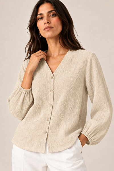 Nuevo Women's Beige V-Neck Buttoned Long Sleeve Textured Blouse Shirt -