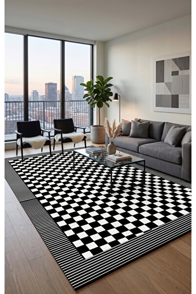 SionFabric Dijital Baskı Mono Chess Çizgili Siyah Beyaz Modern Salon Halısı M...