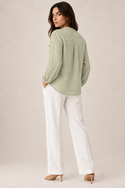 Nuevo Women's Olive Green V-Neck Buttoned Long Sleeve Textured Blouse Shirt New Season