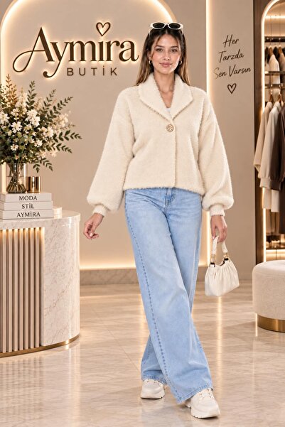 aymiraa Women's Angora Soft Collared Balloon Sleeve Stylish Knitwear Cardigan