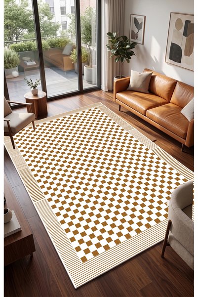 SionFabric Dijital Baskı Mono Chess Çizgili Modern Taba Rengi Salon Halısı Mu...