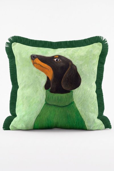 IdeCraft Yeşil Kazaklı Dachshund Sosis Köpek Figürlü Püsküllü Kırlent Kılıfı