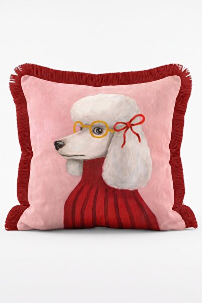 IdeCraft Gözlüklü Poodle Köpek Desenli Pembe Dekoratif Püsküllü Kırlent Kılıfı