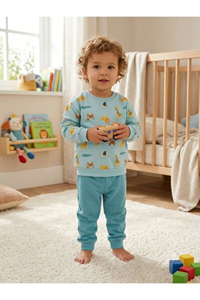 LC Waikiki Lcw Baby Blue Crew Neck Baby Boy Sweatshirt and Sweatpants Set of 2