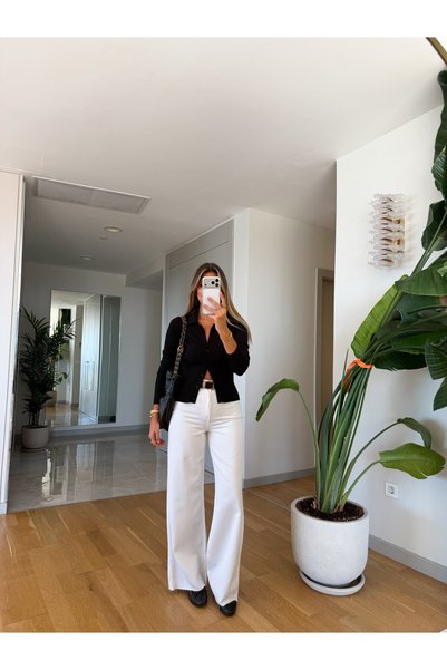 MERVE AKSOY Kya Kemerli Yüksek Bel Jean - Ekru
