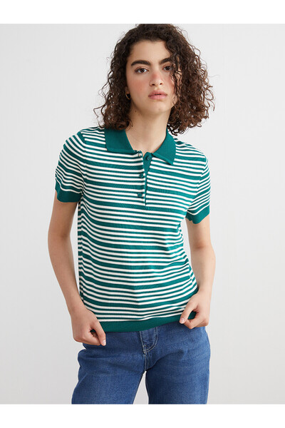 LC Waikiki Nevavm Farkıyla Xside Green Polo Collar Striped Women's Knitwear S...