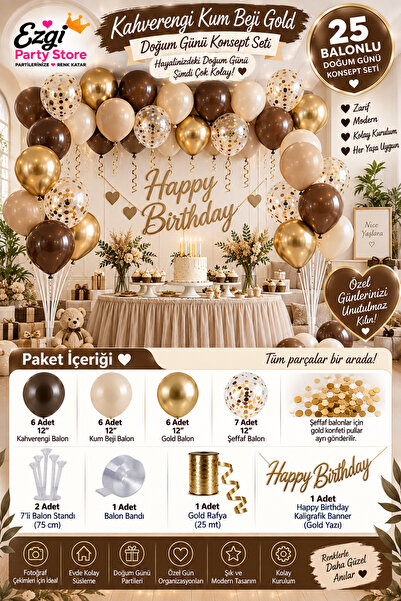 Ezgi Party Store 25 Balonlu Kahverengi Kum Beji Gold Doğum Günü Konsept Seti ...