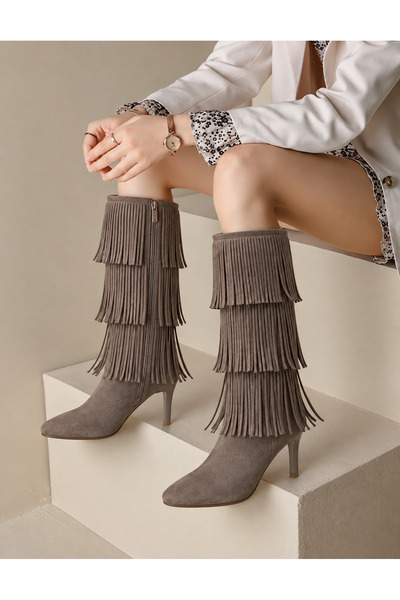 HVZ Exclusive Mink Suede Tasseled Zippered Comfortable Sole Heeled Stylish Fa...
