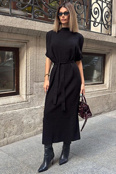 Swist Black Half Bat Sleeve High Collar Belted Women's Knitwear Dress